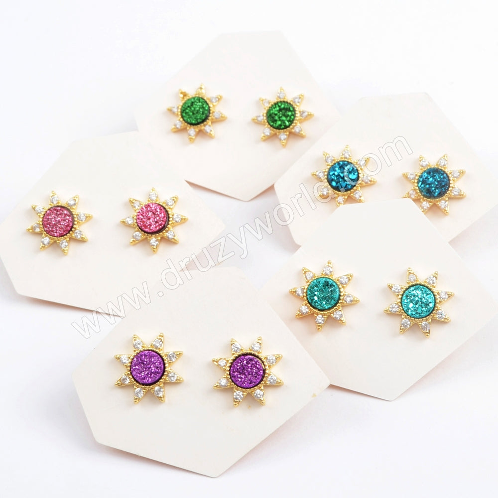 Star Gold Plated CZ Micro Pave Rainbow Titanium Natural Druzy Studs Earring ZG0382