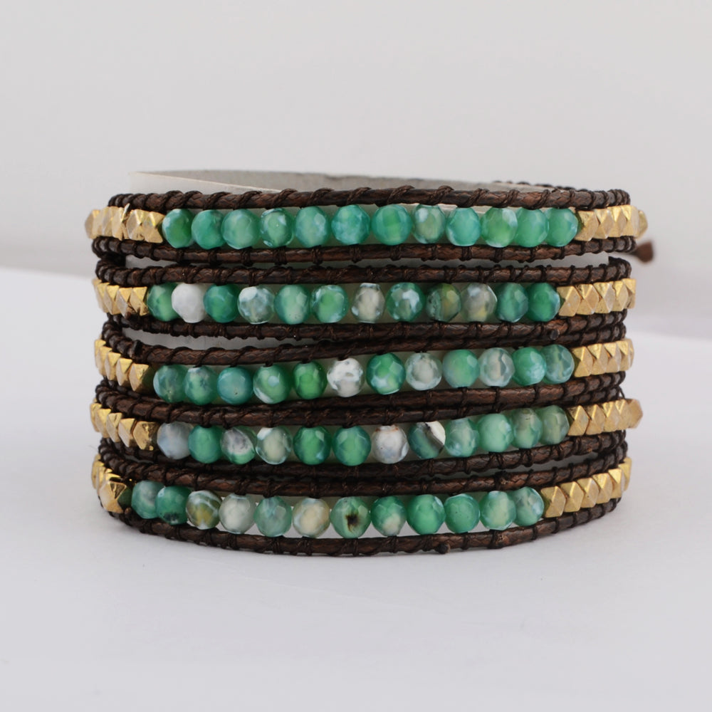 Boho Green Multi Kindl Stone Layers Leather Wrap Bracelet Handmade Jewelry HD0052
