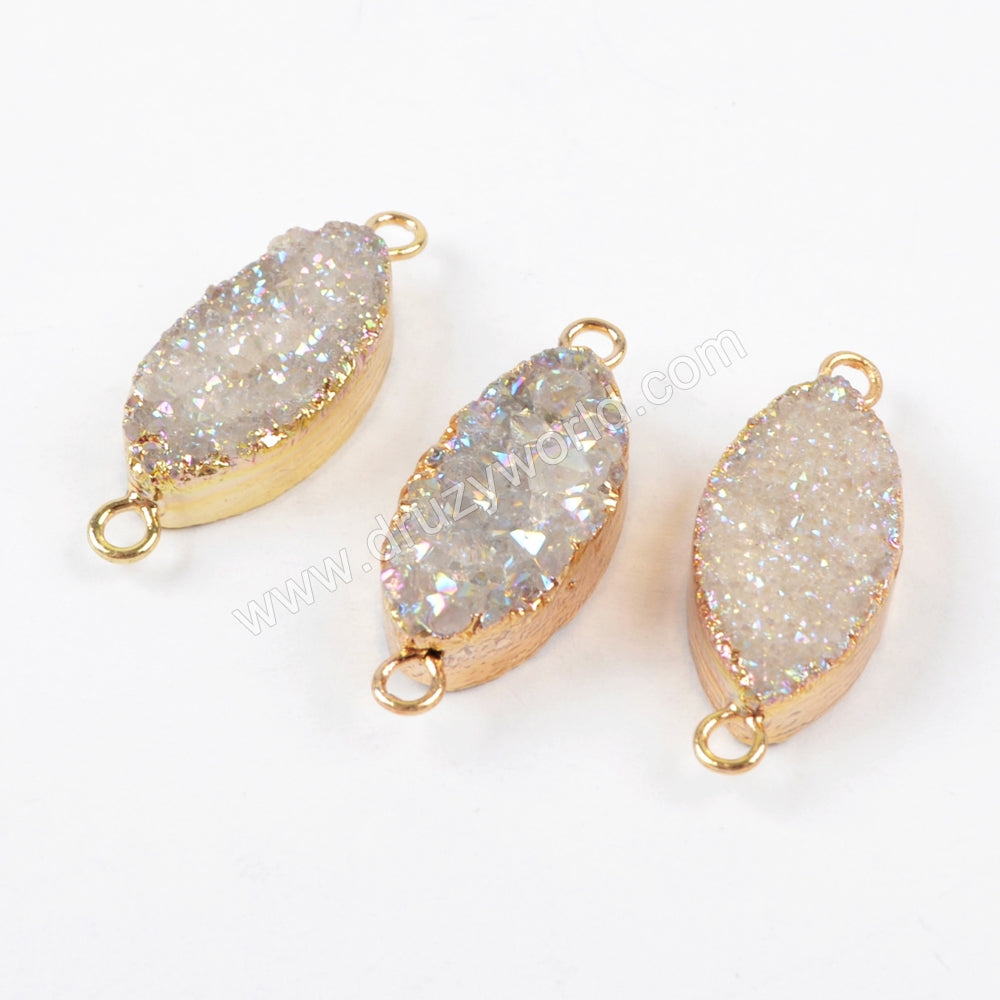 Marquise Shape Titanium AB Druzy Crystal Connector Gold Plated G1375