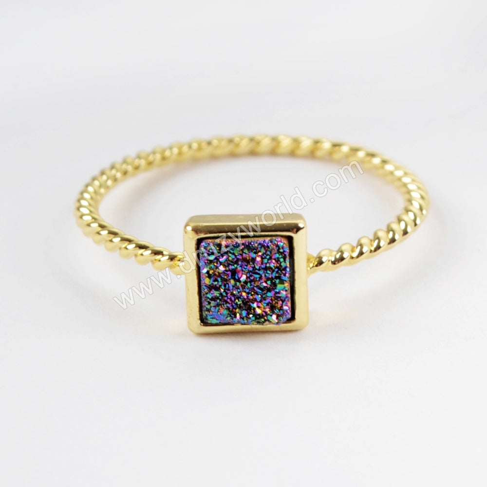 Square 6mm Gold Plated Natural Agate Titanium Rainbow Druzy Bezel Ring ZG0287