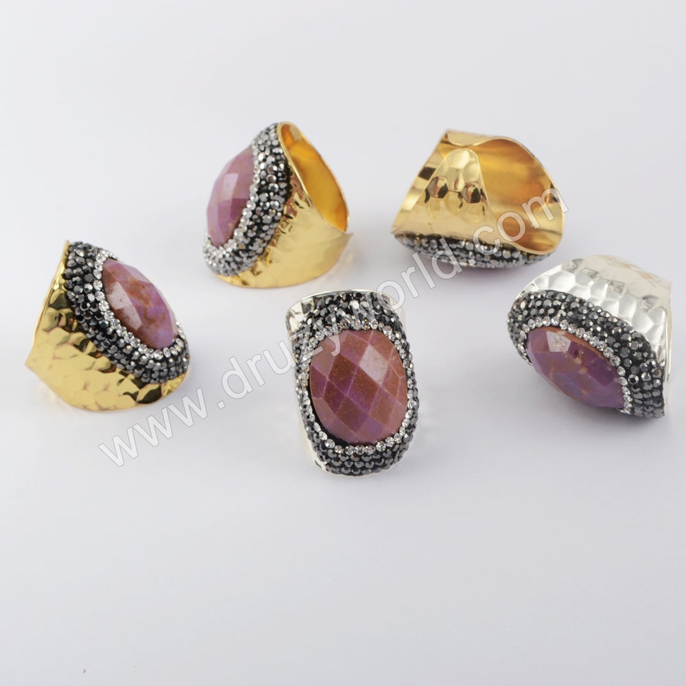 Rhinestone Pave Natural Sugilite Faceted Purple Gemstone Gold Band Ring JAB973