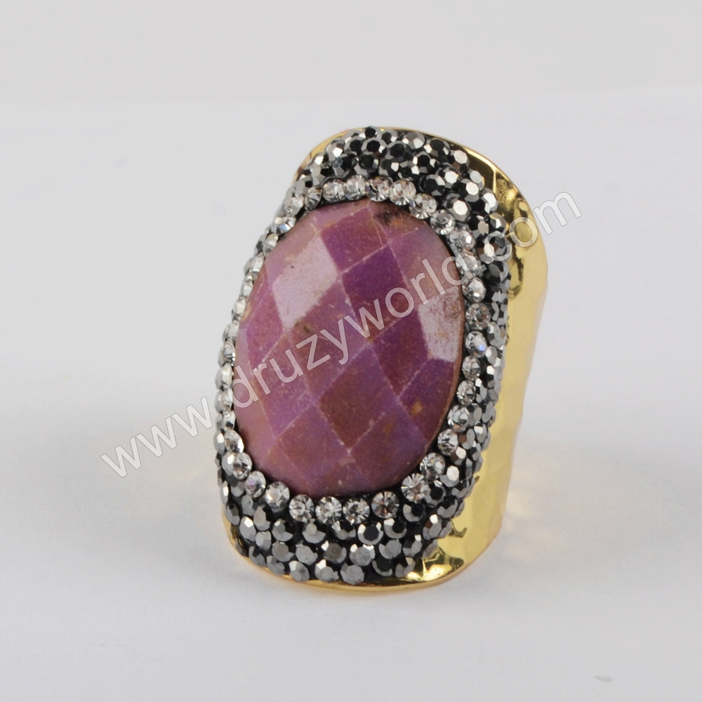 Rhinestone Pave Natural Sugilite Faceted Purple Gemstone Gold Band Ring JAB973