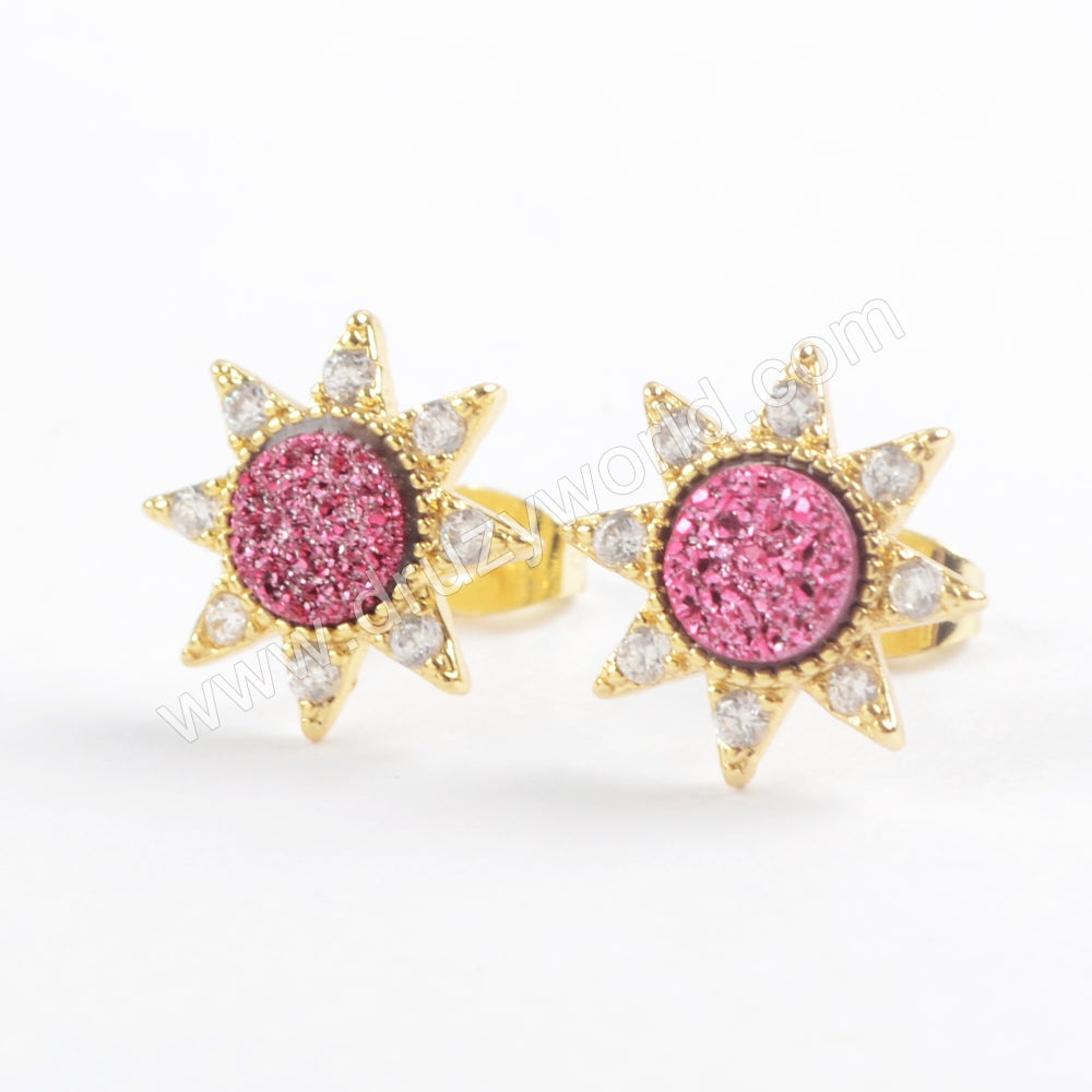 Star Gold Plated CZ Micro Pave Rainbow Titanium Natural Druzy Studs Earring ZG0382