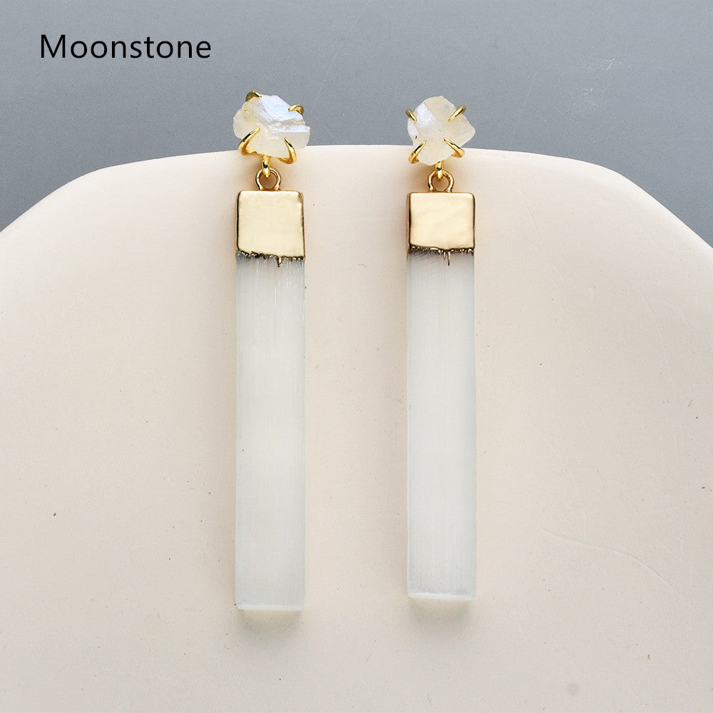 Gold Plated Claw Raw Gemstone Chips & Selenite Bar Stud Earrings, Healing Crystal Stone Jewelry, Boho Earrings ZG0491 Moonstone Earrings