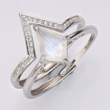 Set of 925 Sterling Silver Moonstone CZ Rings, Adjustable Size, Diamond Moonstone Ring, V Shape CZ Ring SS242