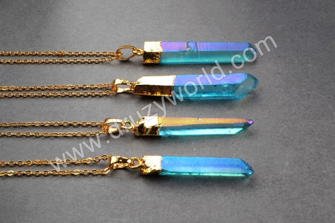 Gold Plated Raw Blue/Green Aura Quartz Titanium Crystal Point Pendant Bead G0360