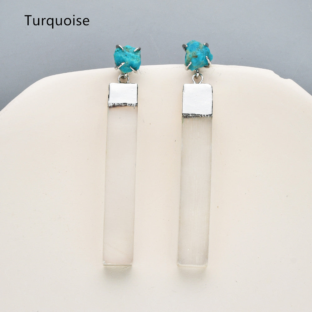 Silver Plated Claw Raw Crystal Chips & Selenite Bar Stud Earrings, Healing Gemstone Jewelry, Boho Stone Earrings ZS0491 Turquoise Earrings