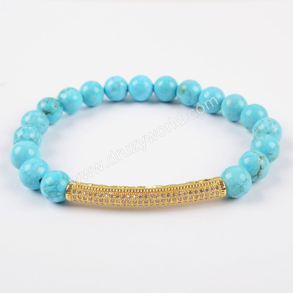 Gold Plated CZ Tube Bar With 8mm Gemstone Beads Bracelet G1475