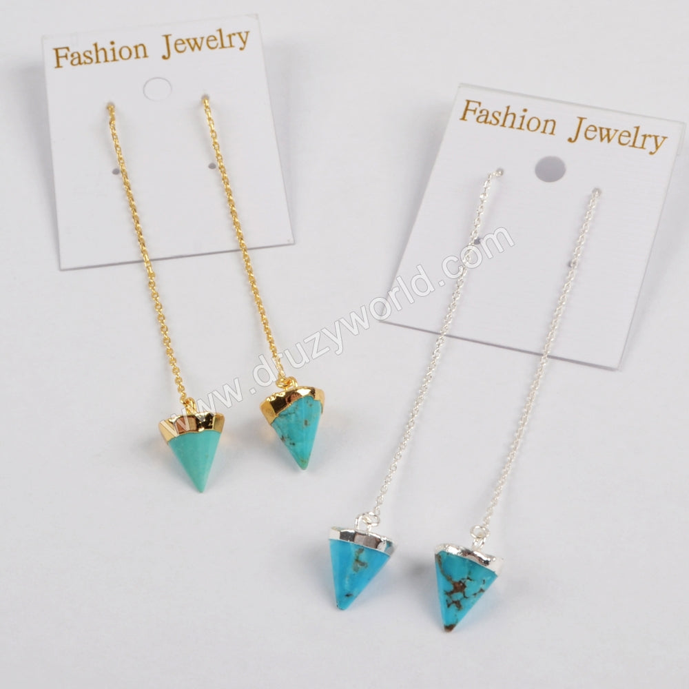 Natural Turquoise Faceted Point Threader Earrings Silver Plated Jewelry G1344