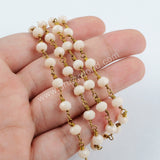 5m/lot,Gold Plated 6mm Cream Crystal Faceted Rosary Chain JT204