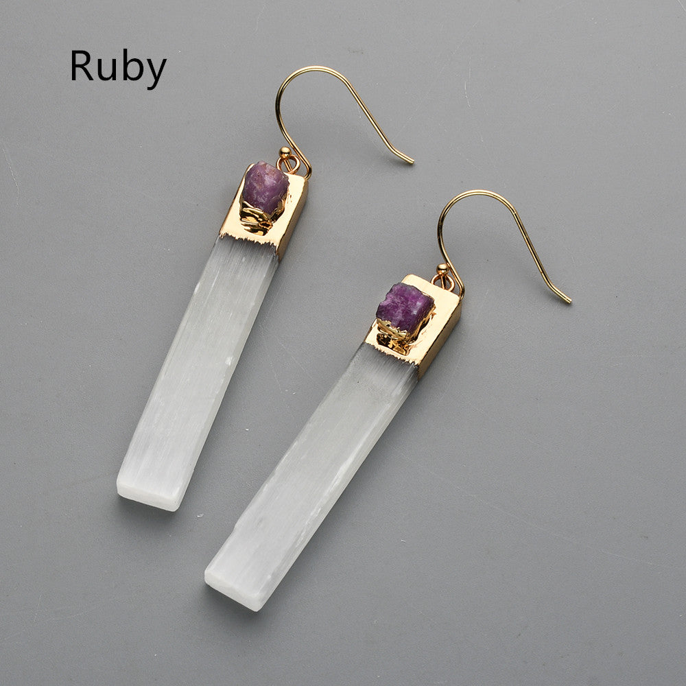 Gold Plated Rectangle Natural Selenite Crystal Earrings, Pave Raw Gemstone Chips, Healing Jewelry, Boho Earrings G2091 Ruby Earrings