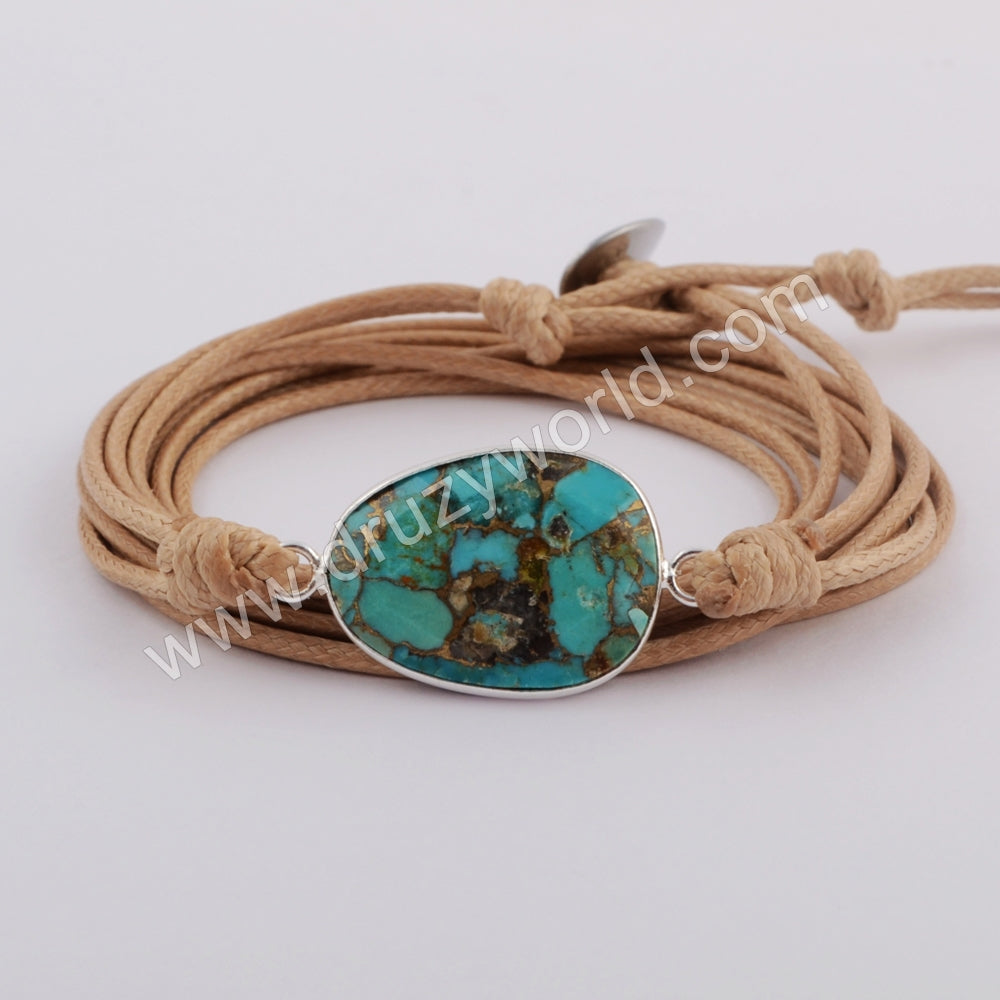 Gold Oval Copper Turquoise Leather Layers Bracelet HD0023