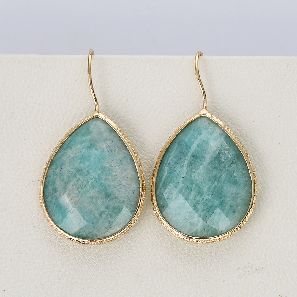 Teardrop Gold Plated Rainbow Natural Gemstone Earrings, Faceted Rose Quartz Amazonite Labradorite Lapis Amethyst Earrings,  Healing Crystal Stone Jewelry WX2148