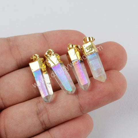 Gold Plated Small Angel Aura Quartz Titanium AB Color Crystal Point Pendant Bead G1395