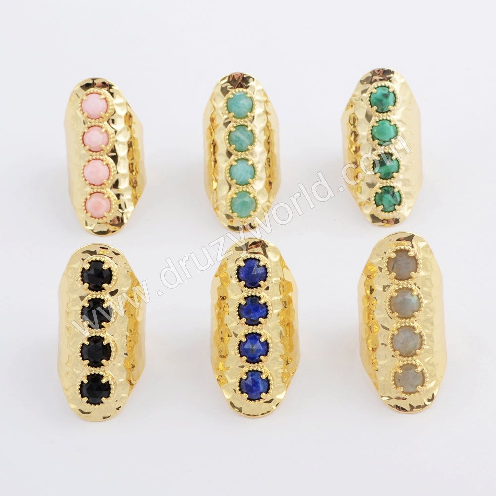 Gold Plated Four Gemstone Ring, Long Band Open Ring, Boho Jewelry ZG0394