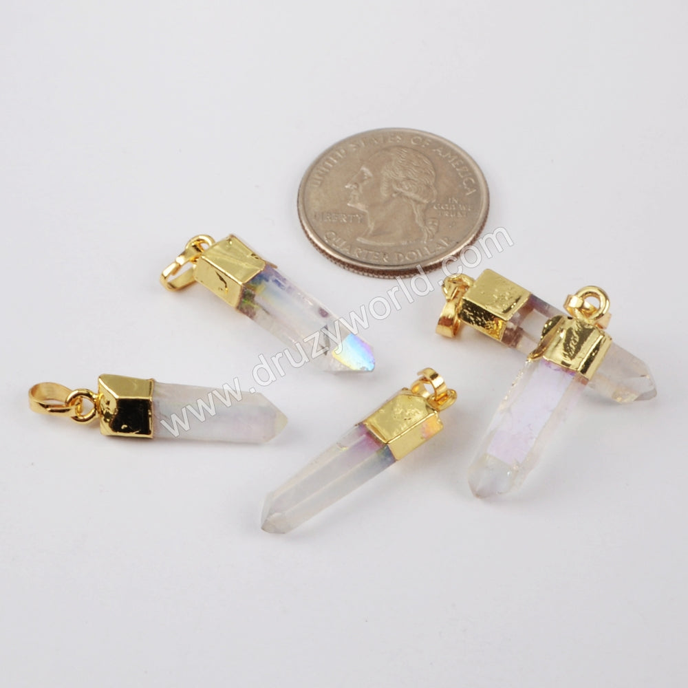 gold aura crystal point pendant, Gold Plated Aura Angel Quartz Titanium AB Crystal Point Faceted Pendant Bead G1395