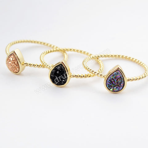 Teardrop Gold Plated Natural Agate Titanium Rainbow Druzy Bezel Ring ZG0288