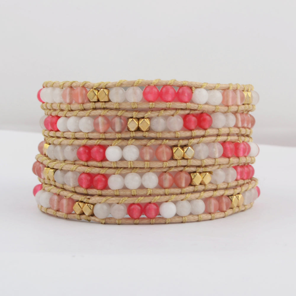 Boho Pink Multi Kind Stones Layers Leather Wrap Bracelet Handmade Jewelry HD0056