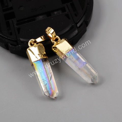 Gold Plated Small Angel Aura Quartz Titanium AB Color Crystal Point Pendant Bead G1395