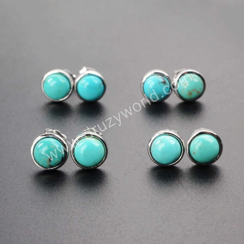 925 Sterling Silver Round Shape Natural Turquoise Stud Earrings ZS0130