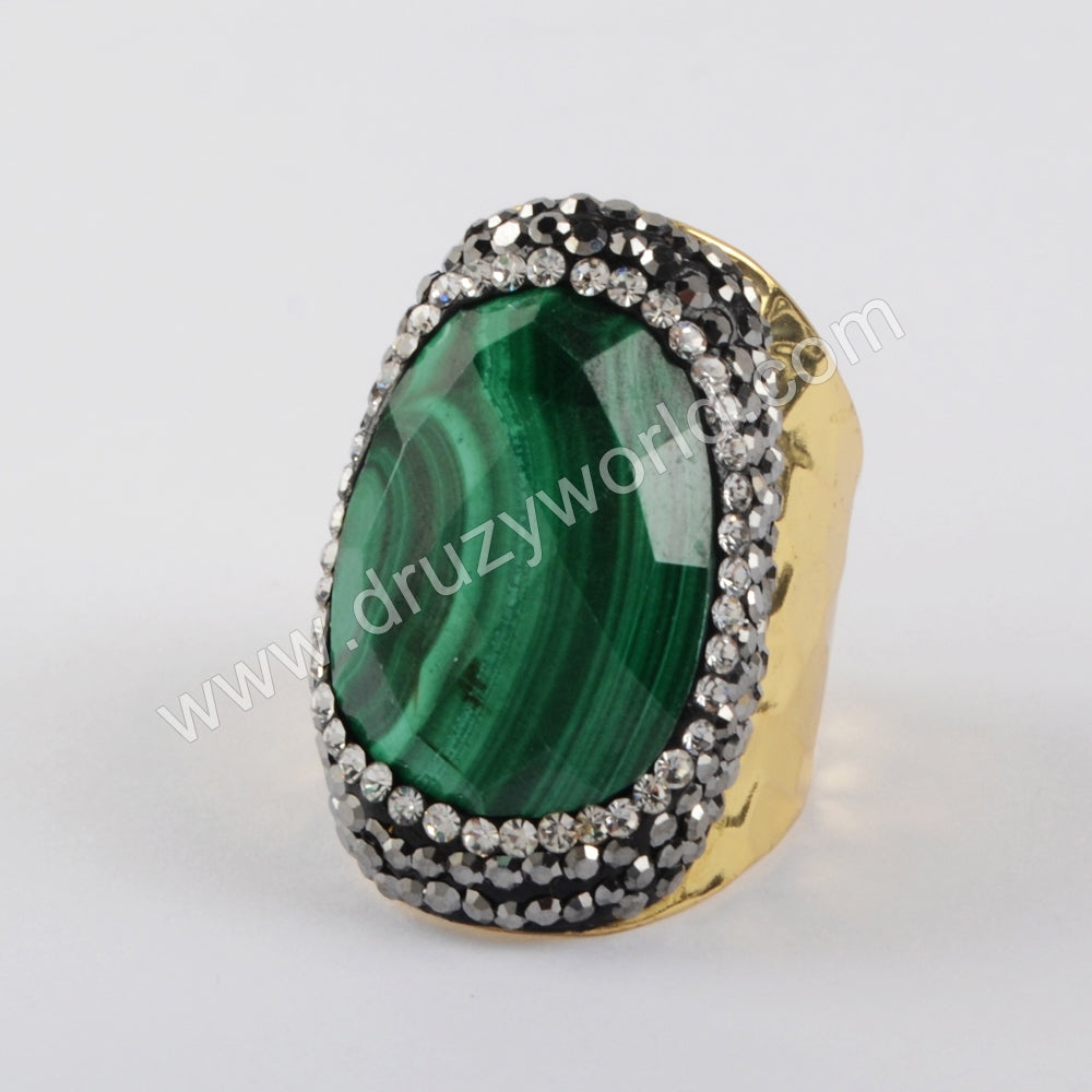 Gold/Silver Plated Natural Malachite Faceted Rhinestone Pave Band Ring JAB974