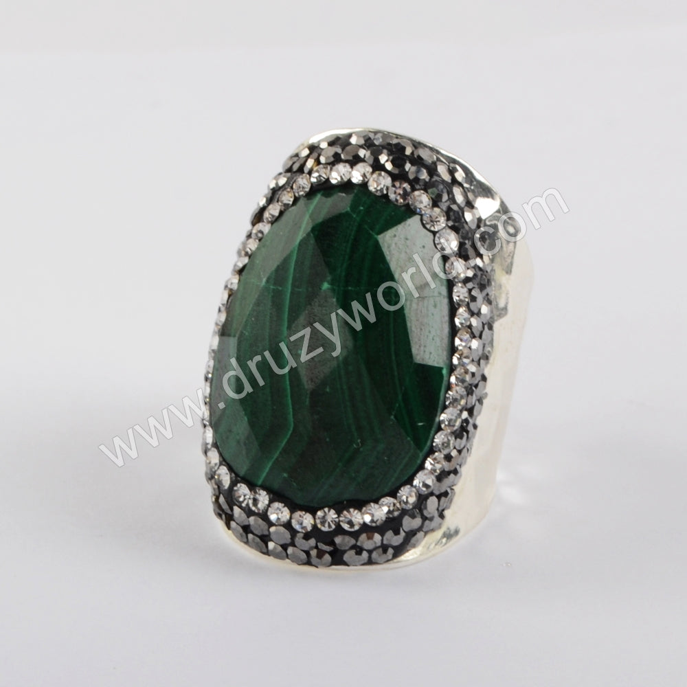 Gold/Silver Plated Natural Malachite Faceted Rhinestone Pave Band Ring JAB974
