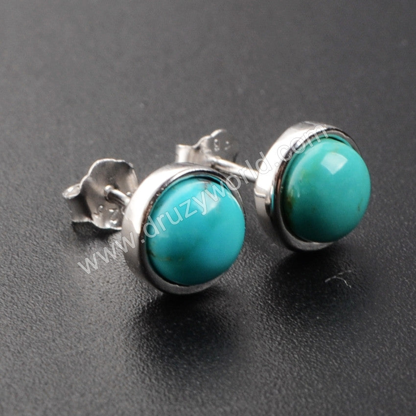 925 Sterling Silver Round Shape Natural Turquoise Stud Earrings ZS0130