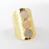 Gold Plated Bezel Three Round Titanium AB White Druzy Band Ring ZG0365