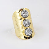 Gold Plated Bezel Three Round Titanium AB White Druzy Band Ring ZG0365