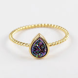 Teardrop Gold Plated Natural Agate Titanium Rainbow Druzy Bezel Ring ZG0288