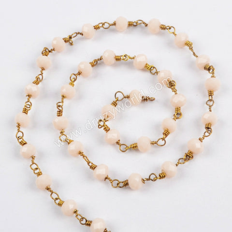 5m/lot,Gold Plated 6mm Cream Crystal Faceted Rosary Chain JT204