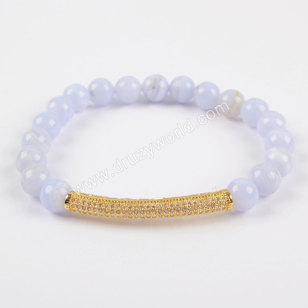 Gold Plated CZ Tube Bar With 8mm Gemstone Beads Bracelet G1475