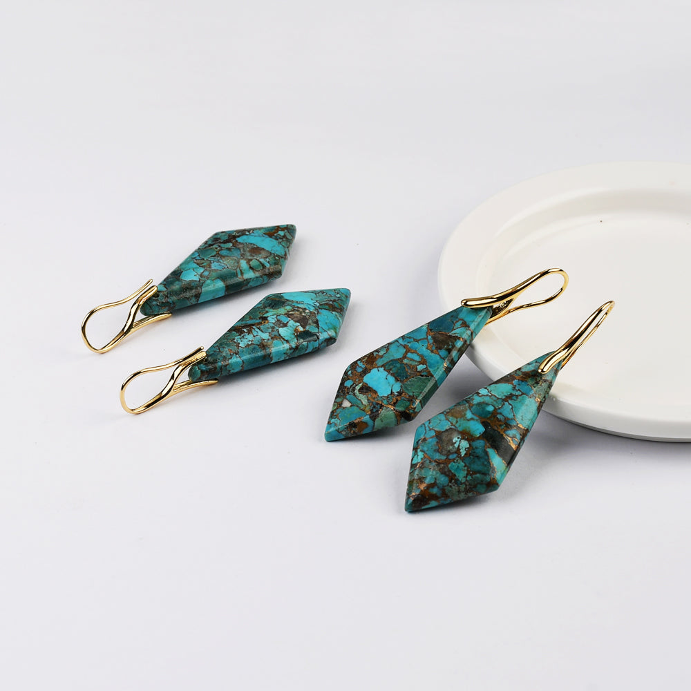 Gold Long Diamond Shape Copper Turquoise Dangle Earrings G2078-3