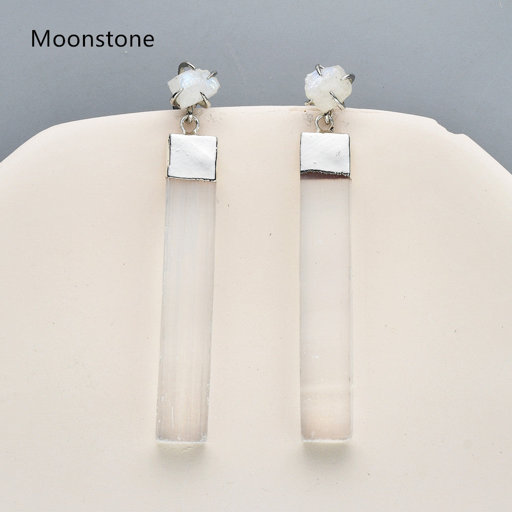 Silver Plated Claw Raw Crystal Chips & Selenite Bar Stud Earrings, Healing Gemstone Jewelry, Boho Stone Earrings ZS0491 Moonstone Earrings