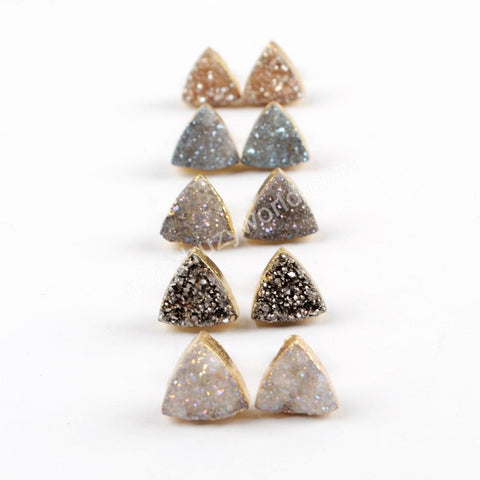 Triangle Natural Agate Titanium Druzy Stud Earrings Gold Plated, 10mm Drusy Crystal Jewelry Earring G1530