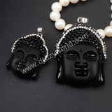 Big Frosted Black Obsidian Carved Buddha Head Rhinestone Pendant Bead JAB343