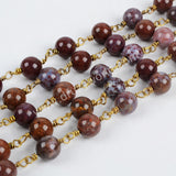 5m/lot,Gold Plated 8mm Round Red Lace Agate Beads Wire Wrapped Rosary Chain JT123