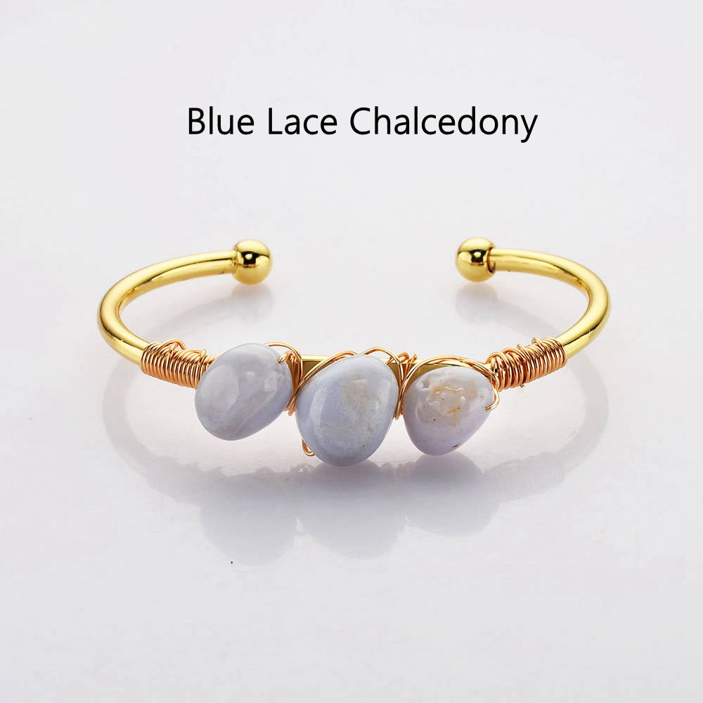 lace chalcedony bracelet Gold Plated Brass Wire Wrap Gemstone Bangle Bracelet Healing Crystal Stone Bracelet Handmade Boho Jewelry WX2075