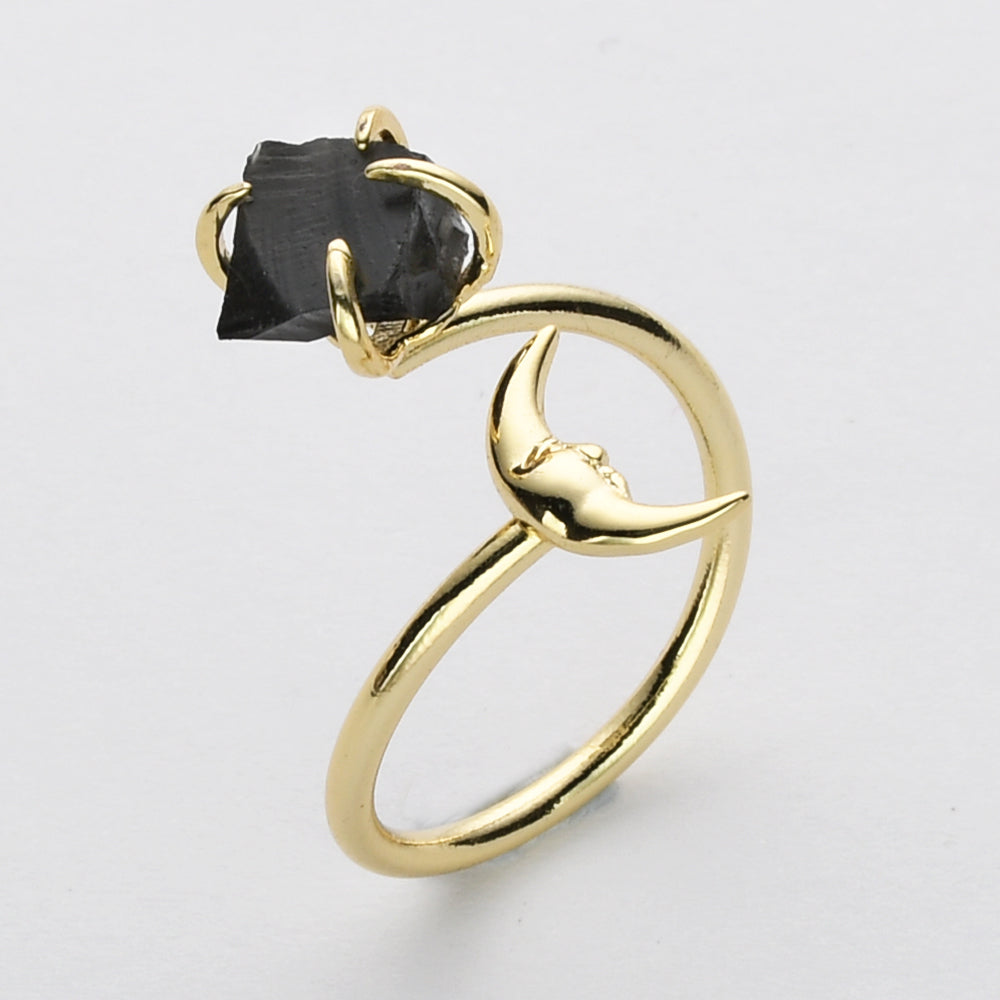 Raw Natural Crystal Moon Face Ring, Adjustable, Double Gemstone Ring, Birthstone Ring, Healing Jewelry ZG0487 Black Obsidian Ring