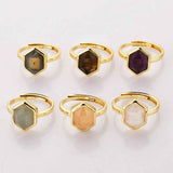 Hexagon Multi Gemstone Faceted Gold Plated Ring, Adjustable, Healing Crystal Jewelry Ring For Women ZG0464