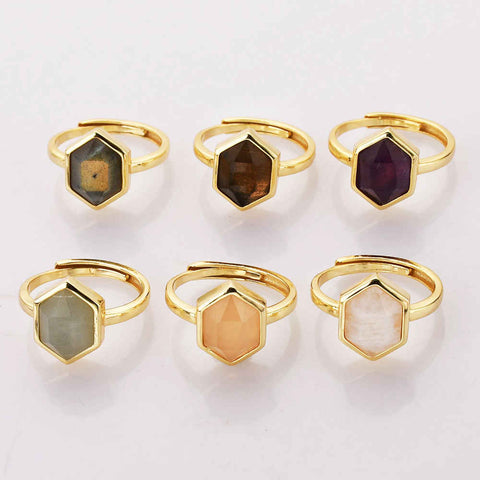 Hexagon Multi Gemstone Faceted Gold Plated Ring, Adjustable, Healing Crystal Jewelry Ring For Women ZG0464