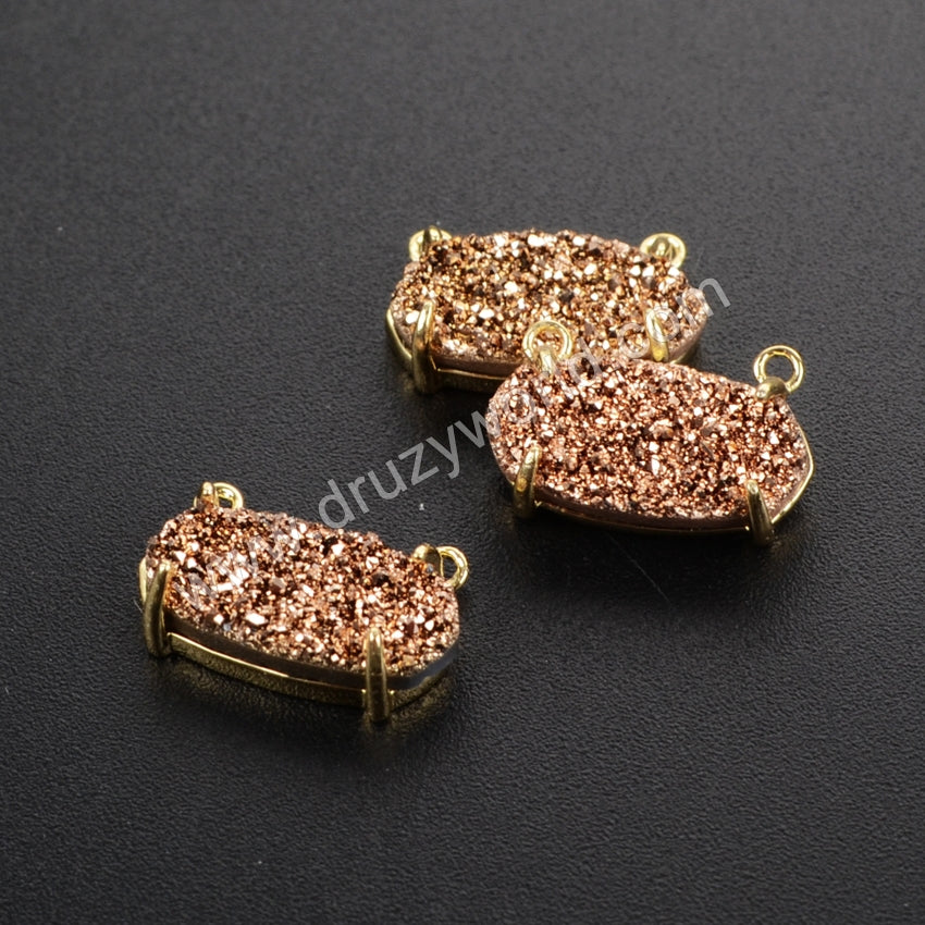 Small Hexagon Gold Plated Claw Natural Agate Titanium Druzy Connector, For Jewelry Making ZG0136