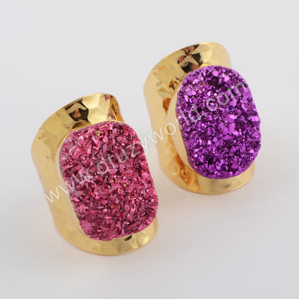 Gold Plated Natural Agate Titanium Rainbow Druzy Band Ring G1737