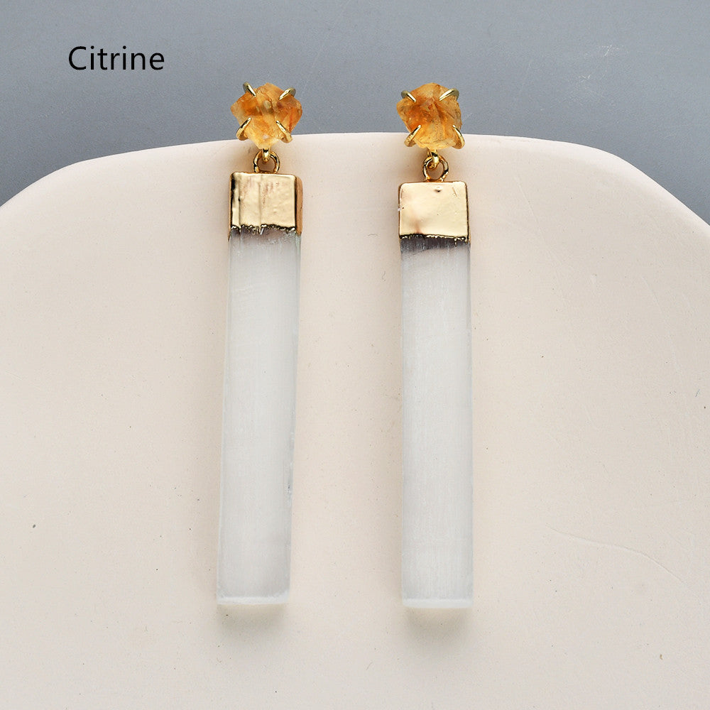 Gold Plated Claw Raw Gemstone Chips & Selenite Bar Stud Earrings, Healing Crystal Stone Jewelry, Boho Earrings ZG0491 Citrine Earrings