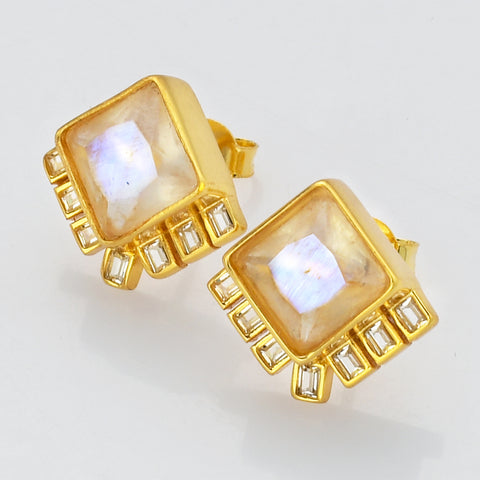 S925 Sterling Silver Diamond Moonstone Faceted Stud Earrings, Zircon Pave Crystal Fashion Earrings LM035