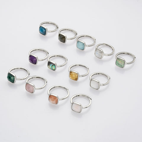 Adjustable Silver Square Gemstone Ring, Faceted, Healing Crystal Stone Ring Jewelry WX2209