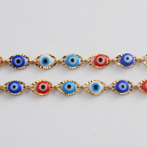 16 Feet Gold Plated Brass Rainbow Evil Eye Chain, Blue Red Eye Chain, For Necklace Bracelet Jewelry Making, Wholesale Supply PJ490