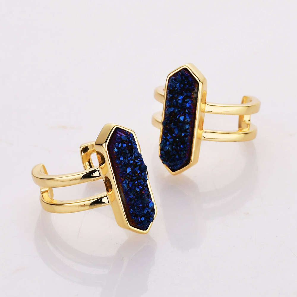 ZG0466 Hexagon Gold Plated Brass Natural Titanium Druzy Ring Bezel Ring Open Ring AB White Champagne Silver Rainbow Druzy Geode Ring Jewelry
