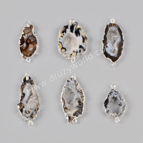 Silver Plated Freeform Natural Onyx Agate Slice Connector Double Bails S0952