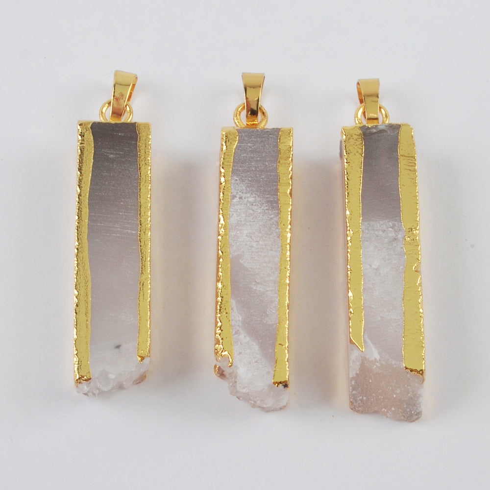 Gold Plated Rectangle Natural Agate Druzy Bar Pendant G1999